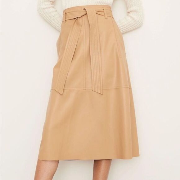 Vince Lambskin Leather Midi Tan Caramel Skirt Stitched Belt Size 0 - Picture 7 of 11